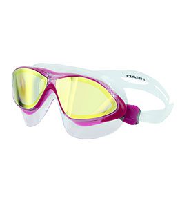 Purple swim goggles with yellow mirrored lenses