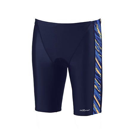 Men's navy swim jammers with patterned side