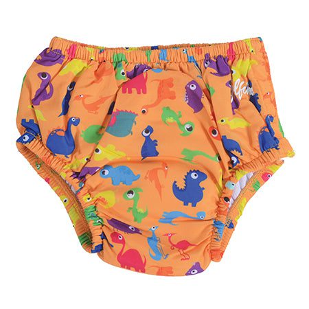 Orange baby swim diaper with dinosaur print