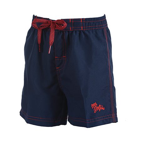Navy swim shorts with red drawstring
