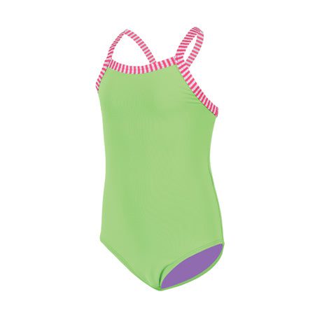 Green one-piece swimsuit with pink striped straps