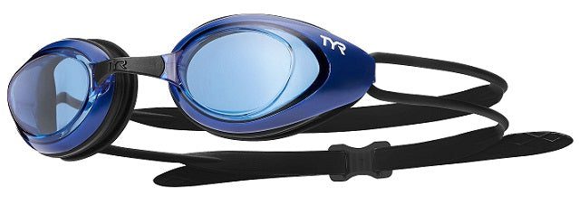 Blue TYR swimming goggles with black strap