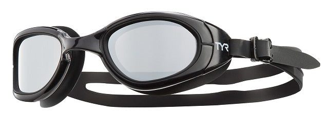 Black TYR swim goggles with mirrored lenses