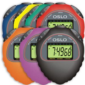 Assorted colorful digital OSLO stopwatches