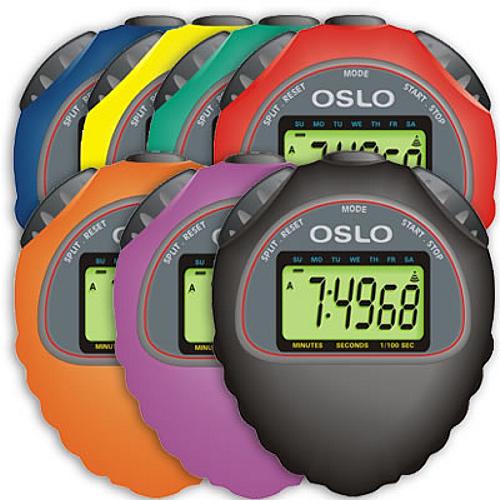 Assorted colorful digital OSLO stopwatches
