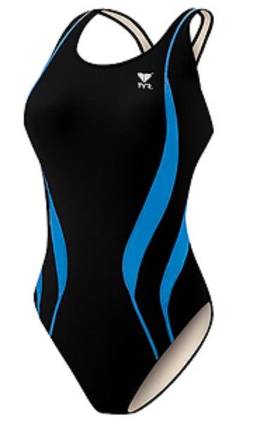 Black one-piece swimsuit with blue accents