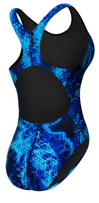 Blue patterned women's racerback one-piece swimsuit