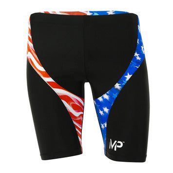 Black swim jammers with American flag panels