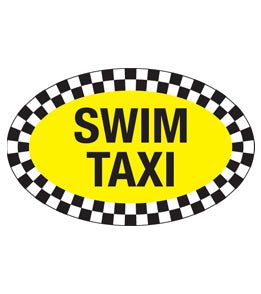Yellow oval SWIM TAXI logo with checkerboard