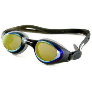 Black swim goggles with mirrored yellow lenses