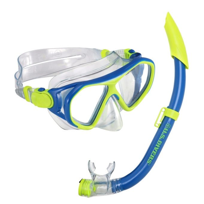 Blue and lime snorkeling mask and snorkel