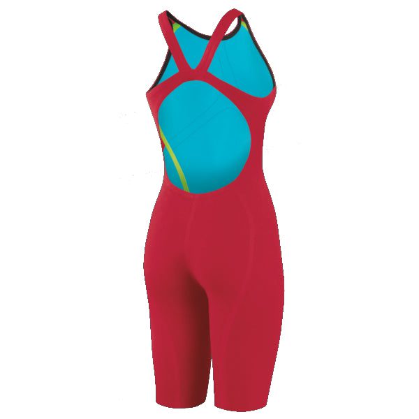 Red women's racing swimsuit with blue panel