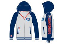 Navy and white zip-up championship hoodie