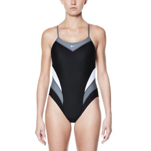 Black Nike women's one-piece swimsuit with gray panels