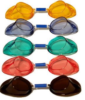 Five colorful pairs of swim goggles