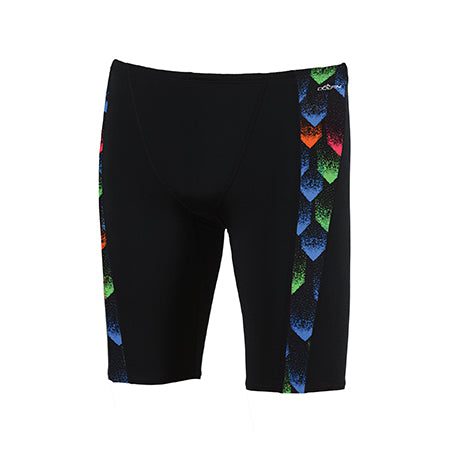 Black swim jammers with rainbow side panels