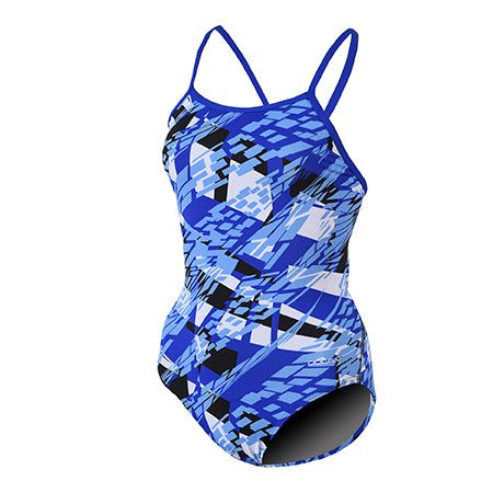 Blue geometric patterned women's one-piece swimsuit