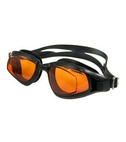 black swim goggles with orange mirrored lenses