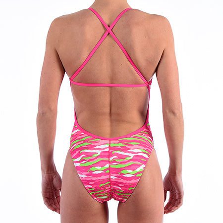 Back view of person wearing pink camo swimsuit
