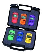 Black case with six colorful toy cars
