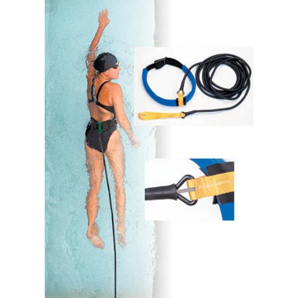 Swimmer using swim tether resistance trainer