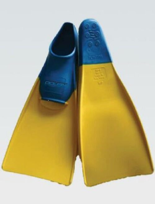 Yellow snorkeling fins with blue foot pockets