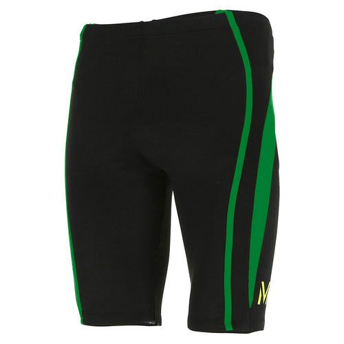 Black swim jammers with green side stripes