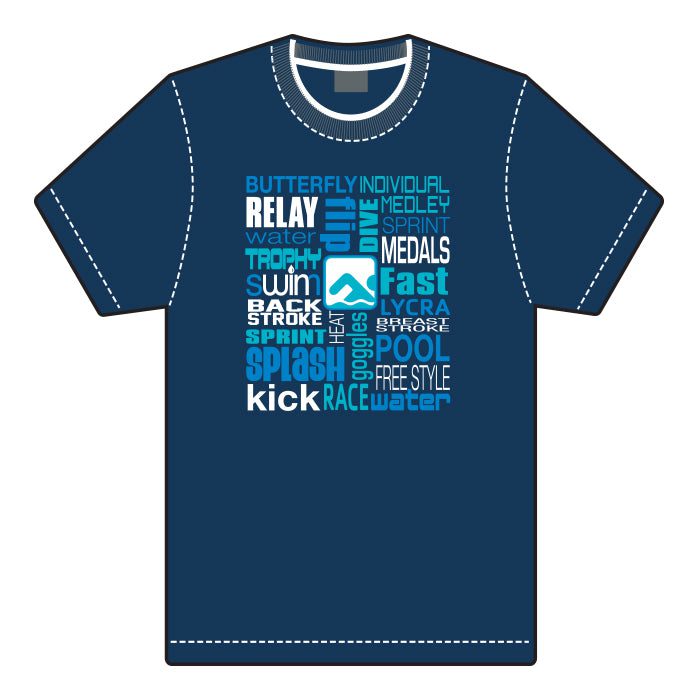 Navy t-shirt with swim-themed word cloud