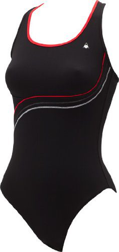 Black one-piece swimsuit with red and gray piping