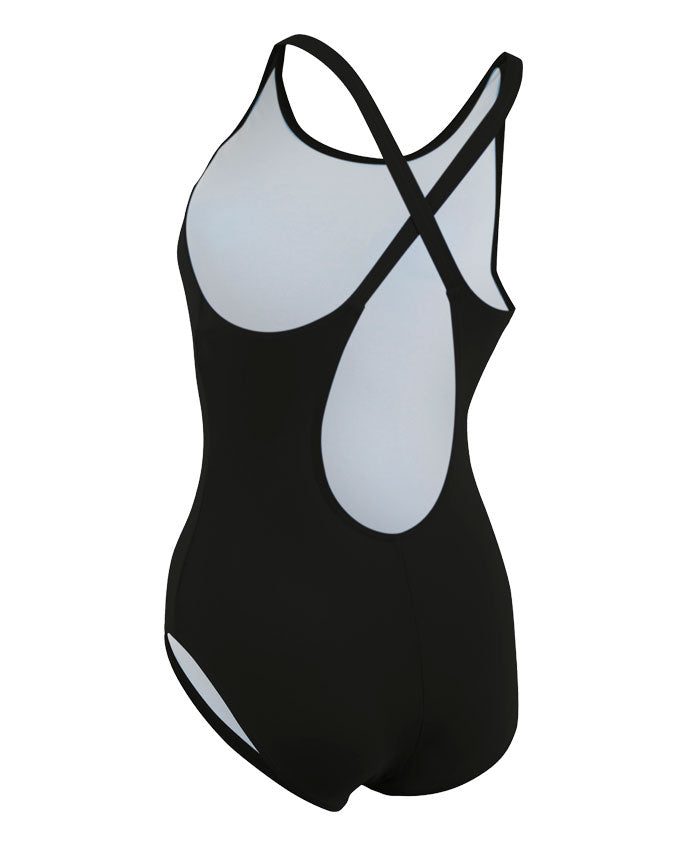 Black one-piece swimsuit with cross-back straps