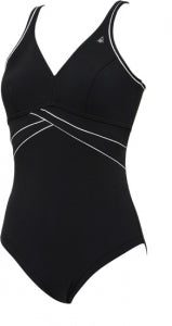 Black one-piece swimsuit with white piping