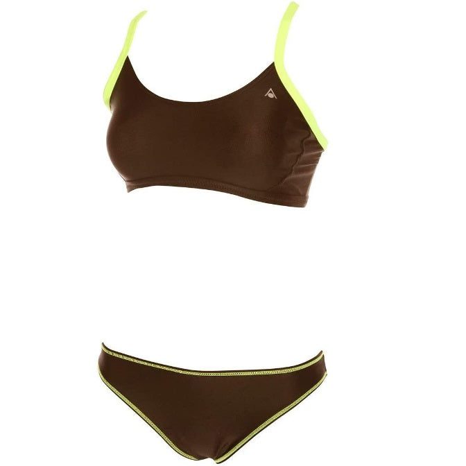 Brown bikini with neon yellow trim