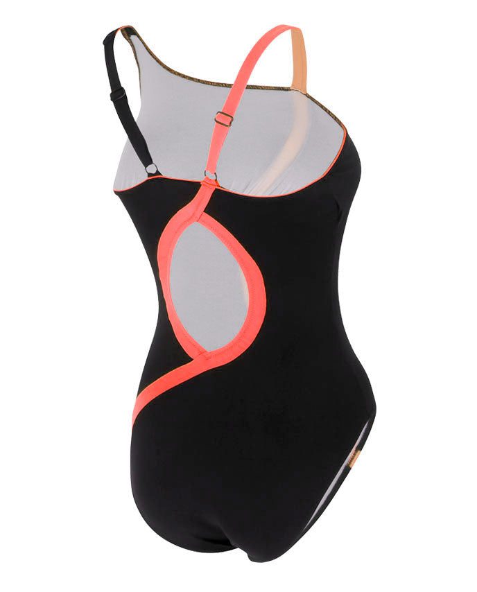 Black one-piece swimsuit with coral cutout trim