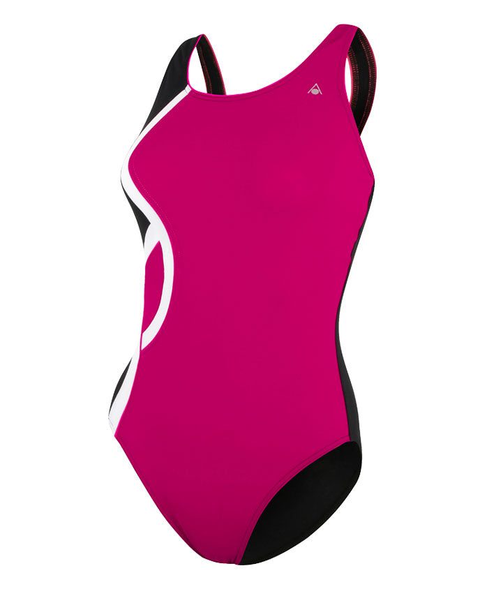 Pink one-piece swimsuit with black and white accents