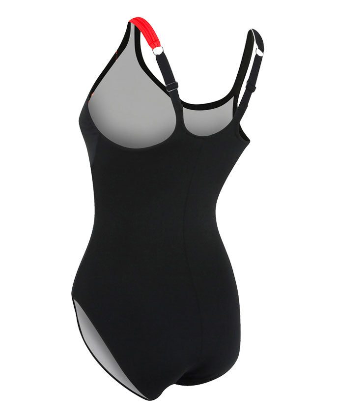 Women's black one-piece swimsuit with red strap