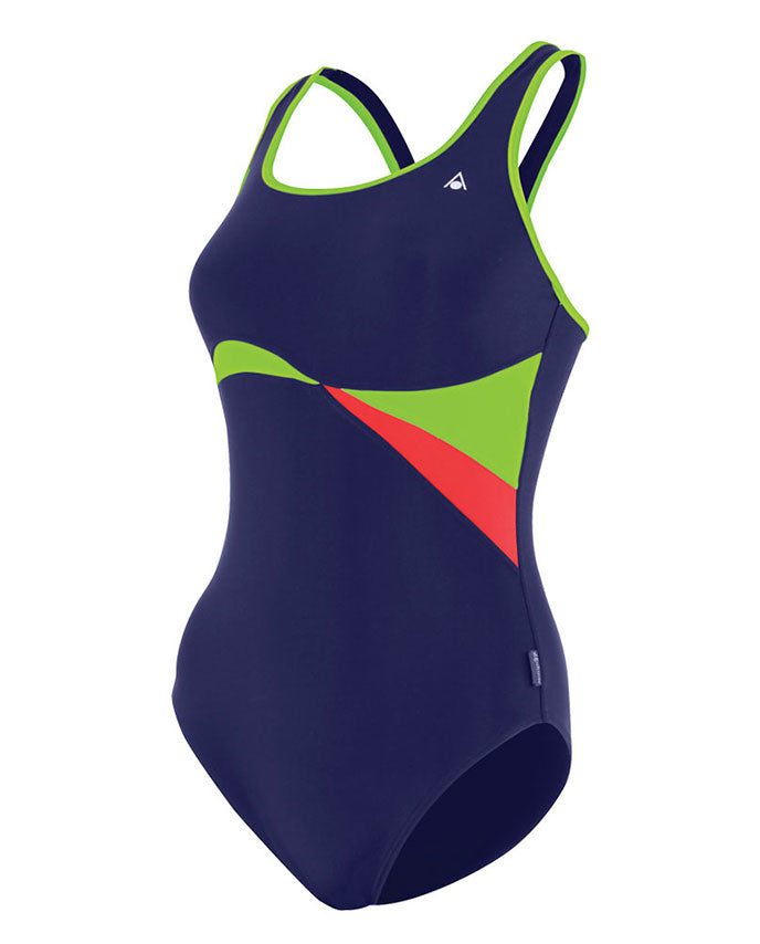 navy one-piece swimsuit with green and red accents