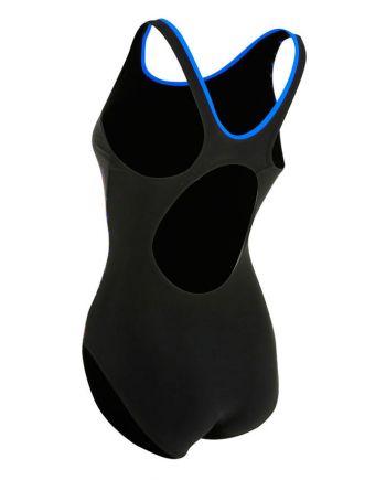 Black racerback one-piece swimsuit with blue trim