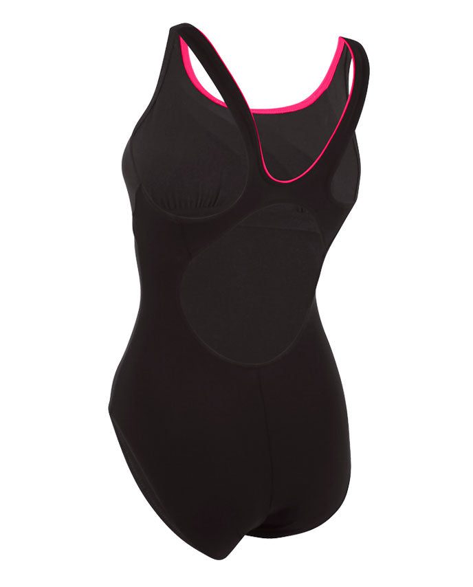 Women's black one-piece swimsuit with pink trim