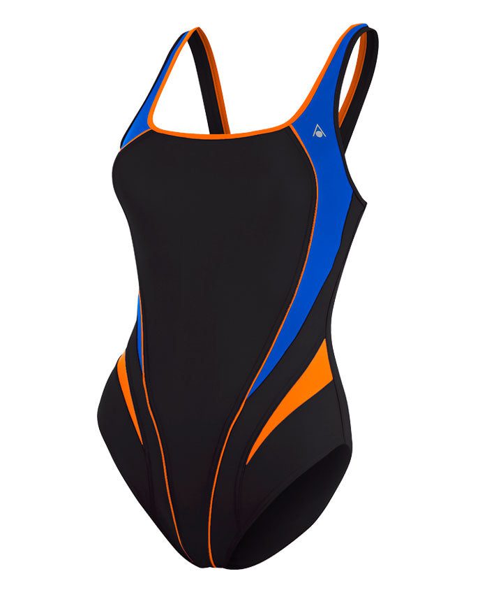 Black one-piece swimsuit with blue and orange accents