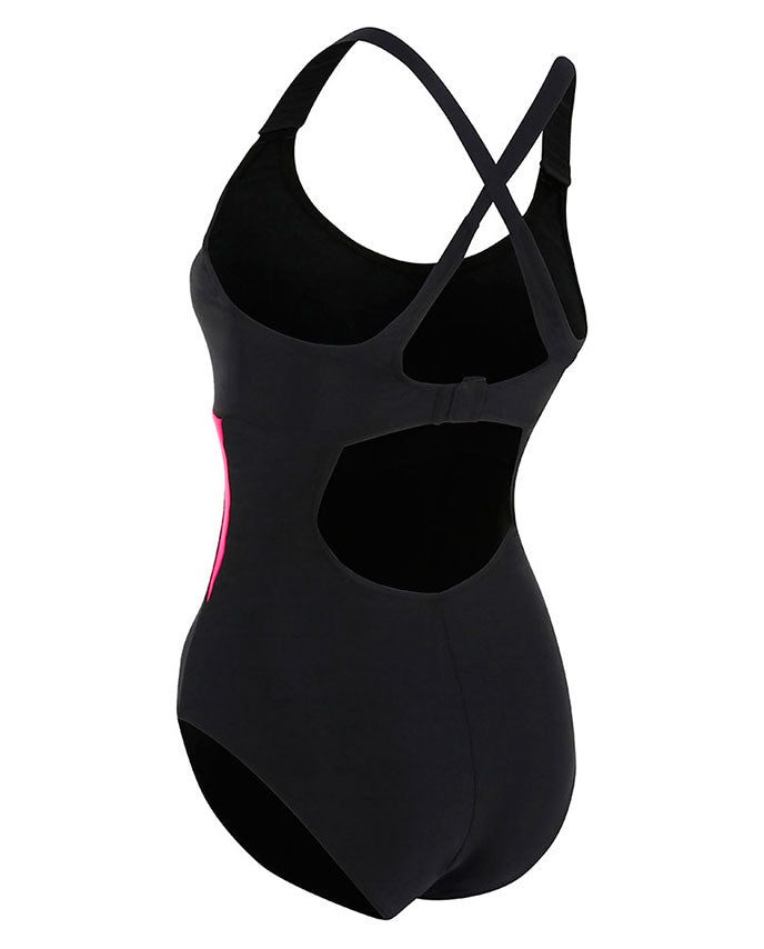 Black one-piece swimsuit with pink side accent