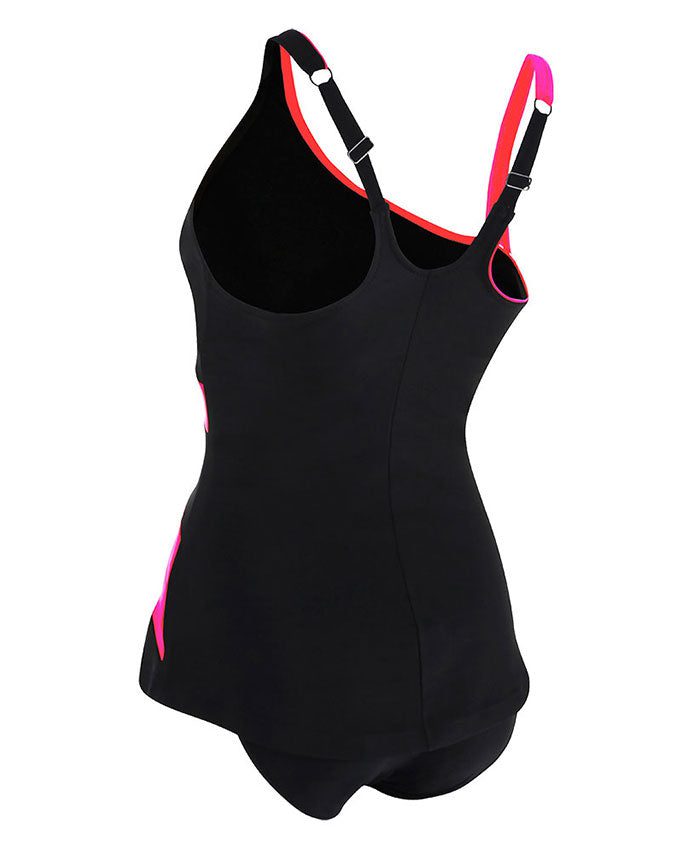Black tankini swimsuit with pink adjustable straps
