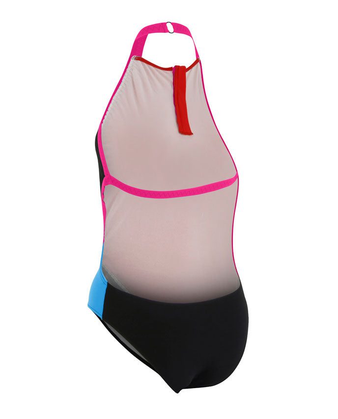 Women's color-block one-piece swimsuit with pink trim