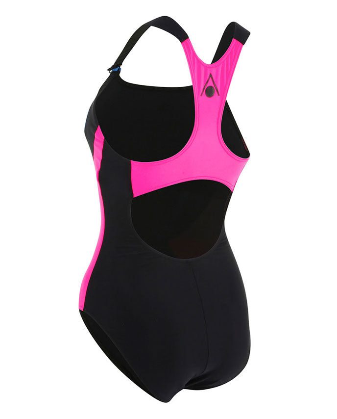 Women's black and pink racerback one-piece swimsuit