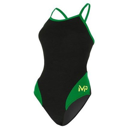 Black one-piece swimsuit with green trim