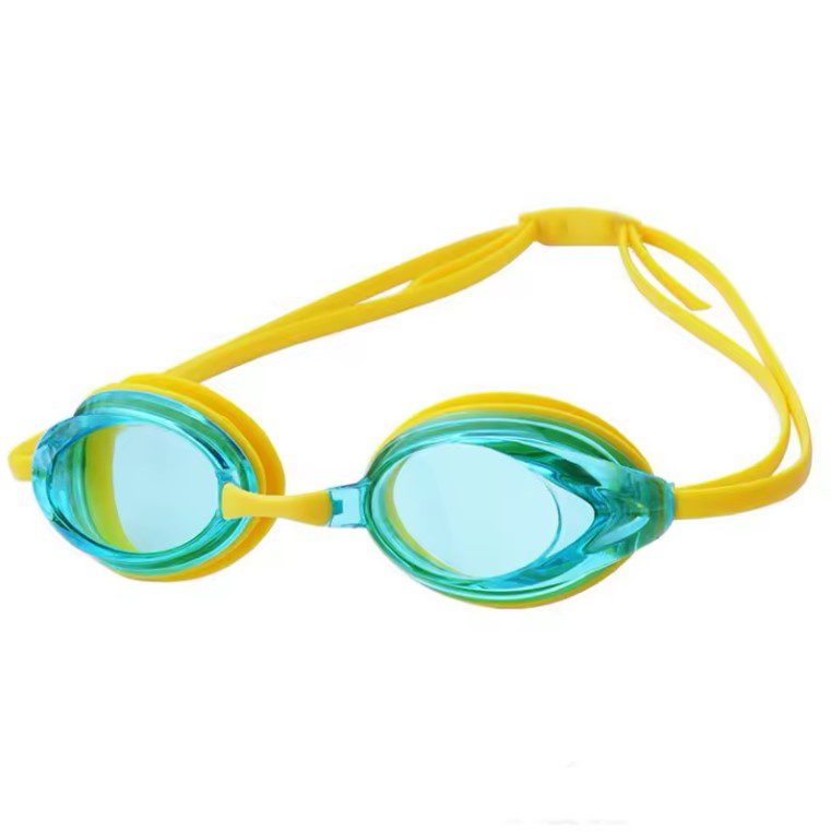Yellow strap swimming goggles with aqua lenses