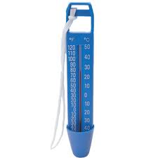 Blue floating pool thermometer with rope