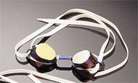 Pair of mirrored swim goggles with white strap
