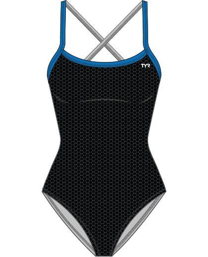 Black one-piece swimsuit with blue trim