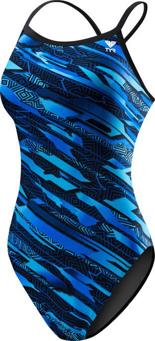Blue geometric patterned one-piece swimsuit