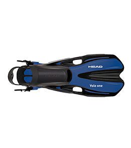Blue and black diving fin, top view
